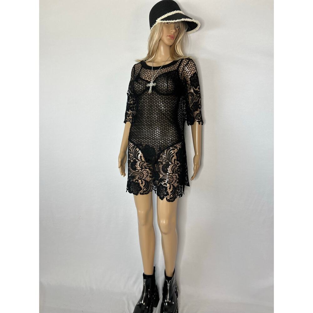 Black Floral Lace Mesh Cover Up Tunic Dress Sheer Goth Festival Beachwear M